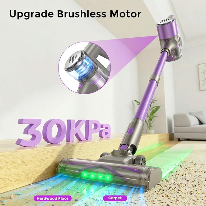 WLOTPO Vacuum Cleaners for Home,Cordless Vacuum Cleaner,Lightweight Stick Vacuum Cordless Rechargeable,Self-Standing Design,LED Touch Screen,Vacuum for Hardwood Floors,Carpet,Pet Hair(Deep Purple)