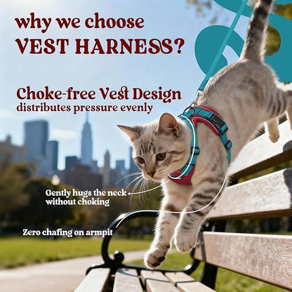 rabbitgoo Cat Harness and Leash for Walking, Escape Proof Soft Adjustable Vest Harnesses for Cats, Easy Control Breathable Reflective Strips Jacket, Red & Teal, S