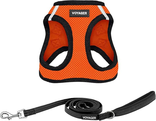 Best Pet Supplies Voyager Step-in Air All Weather Mesh Harness and Reflective Dog 5ft Leash Combo with Neoprene Handle, for Small, Medium and Large Breed Puppies - Set (Orange/Black Trim), X-Small