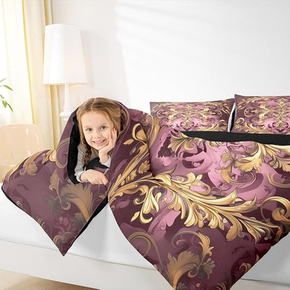 Erosebridal Golden Damask Print Bedding Set King Size for Women Adults, Victorian Flower Vintage Fashion Paisley Quilt Set, Boho Aztec Hippie Chic Comforter Sets, Bohemian Exotic Duvet Insert