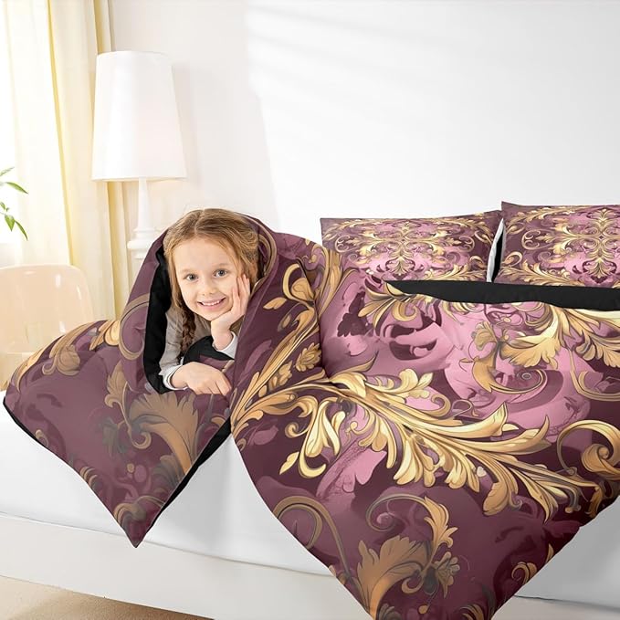 Erosebridal Golden Damask Print Bedding Set Full Size for Women Adults, Victorian Flower Vintage Fashion Paisley Quilt Set, Boho Aztec Hippie Chic Comforter Sets, Bohemian Exotic Duvet Insert