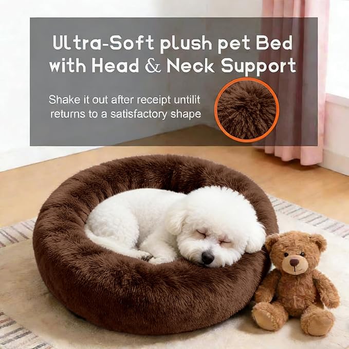 Comfort Donut Dog Bed for Small Dogs, Cat Bed & Pet Bed for Indoor Use, Medium Size with Soft Plush, Round Dog Beds for Large Dogs and Cats(Coffee,36''Lx36''Wx8''Th)