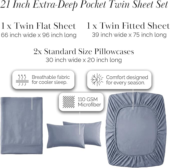 Southshore Fine Living, Inc. Extra Deep Pocket Twin Bed Sheets Set, 4-Piece Ultra Soft Microfiber Sheets with 21" Deep Twin Fitted Sheet, Oversize Flat Sheet, 2 Standard Size Pillowcases, Slate Blue