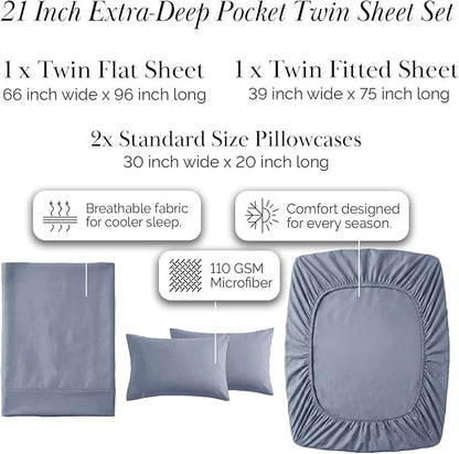 Southshore Fine Living, Inc. Extra Deep Pocket Twin Bed Sheets Set, 4-Piece Ultra Soft Microfiber Sheets with 21" Deep Twin Fitted Sheet, Oversize Flat Sheet, 2 Standard Size Pillowcases, Slate Blue