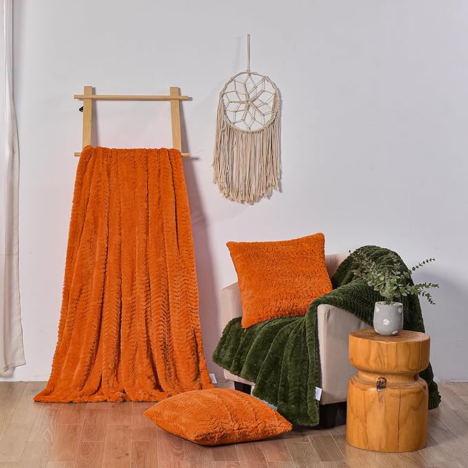 YUSOKI Luxury Faux Fur Throw Blanket(Without Pillows) 2 Layers,3lb,All Ages,Home Decoration, (Burnt Orange,50" x 63")