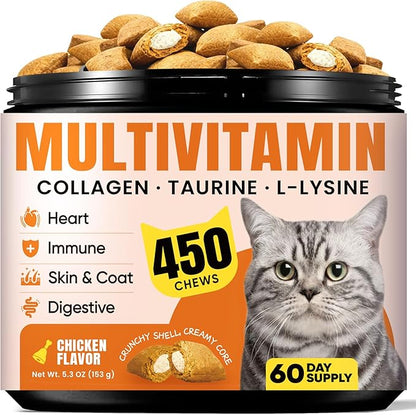 Cat Vitamin Treats with L-Lysine & Taurine – 12 Essential Vitamins & 5 Minerals, Cat Multivitamin Supplement for Immune, Joint & Skin Support, Daily Health Formula for Indoor & Senior Cats – 450 Chews