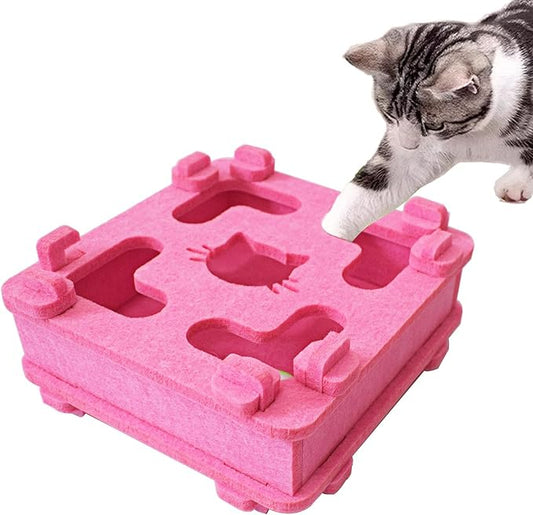 IUHKBH Cat Puzzle Toy, Soft Felt Intelligence Mind Game Track Balls Interactive Kitten Toy Puzzle Box for Indoor Cats, Easy to Assemble [Pink]