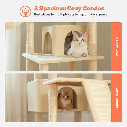 MUTTROS Large Cat Tree for Big Cats & Multi-Cat Homes, 81 Inch Tall Cat Tower with Sturdy Metal Hammock, 6 Sisal Scratching Posts, 2 Cozy Condos, 2 Top Perches - Multi-Level Cat Tower, Beige