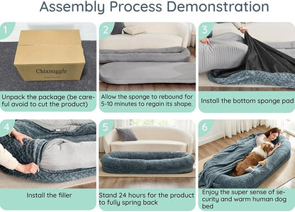 Human Dog Bed for Adult - Luxury Faux Fur Giant Size Dog Bed with Portable Handle, Egg Orthopedic Foam with Blanket, 72"x40"x10", Light Grey