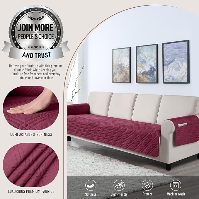 TAOCOCO Waterproof Oversized Couch Covers for Pets Dogs with Non Slip Backing, Sofa Seat Covers with Pocket for 4 Cushion Couch Washable Dog Couch Protector Sofa Slipcovers(Oversized Sofa, Wine)