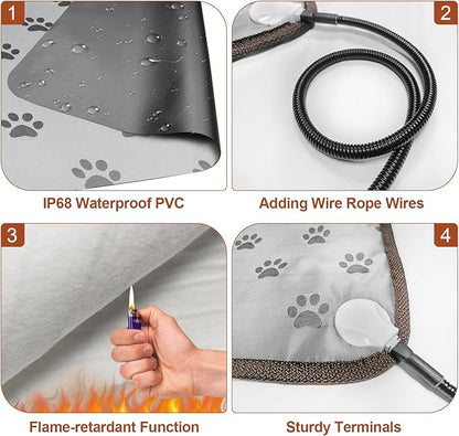 GOLOPET Dog Heating Pad 28x18in with Smart Thermostat Switch and Power Line Protection Tube,Obtained MET and UL Dual Certification,Waterproof Puppy Heating pad-Paw Print