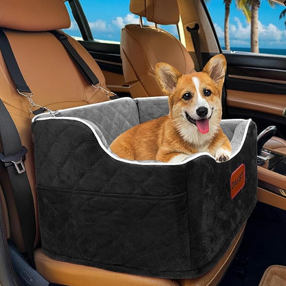 Dog Car Seat for Small Medium Dogs, Detachable Washable Dogs Booster Seat Under 35lbs, Elevated Dog Car Bed with Storage Pockets (Black Grey, One Size)