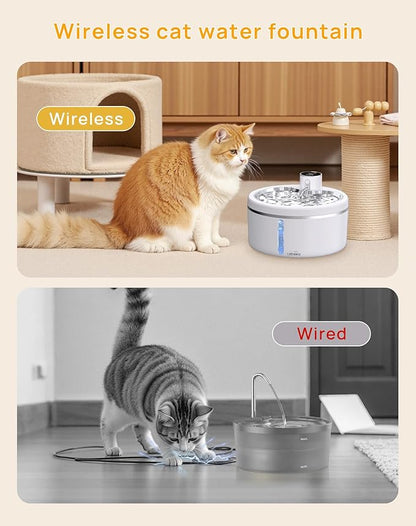 Wireless Cat Water Fountain with Stainless Steel Tray, 84oz/2.5L Pet Fountain for Cats Inside, Cat Fountain for Drinking with Motion Sensor, Ultra Quiet Pump for Pets&Small Animals (84oz+8Filters)