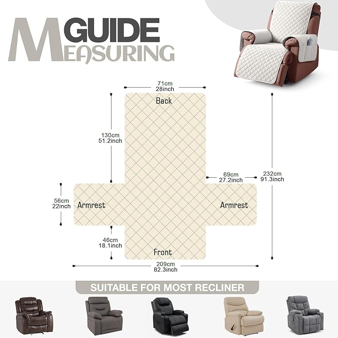 KinCam 100% Waterproof Recliner Chair Cover, Reclining Couch Covers for Pets, Dogs, Recliner Couch Slipcover Furniture Protector with Elastic Straps for Kids(28", Beige White)