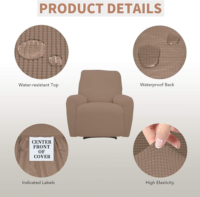 Easy-Going 100% Waterproof Recliner Cover, Dual Waterproof Couch Cover for Recliner, 1- Piece Jacquard Sofa Cover, Leakproof Sofa Slipcover for Kids, Pets, Dog and Cat (Recliner, Camel) 1 Seat