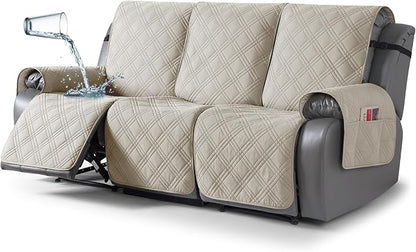 TAOCOCO 100% Waterproof Recliner Sofa Covers 3 Seater Split Couch Covers for 3 Cushion Reclining Couch with Straps, Non Slip Reclining Couch Covers Furniture Protector for Kids Pets(3 Seater, Cream)