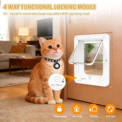 Smart Cat Door with 4 Collar Sensor Key, RFID Cat Door Collar Activated with Remote Control, 4 Way Locking Cat Flap Automatic Pet Door Interior & Exterior(Brown)