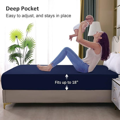 Waterproof Mattress Protector King, Fitted Sheet Style Breathable Mattress Cover with Deep Pocket Fits Up to 18'', Noiseless Bed Cover for Kids Adults Pets, Machine Washable (Navyblue, 76'' X 80'')