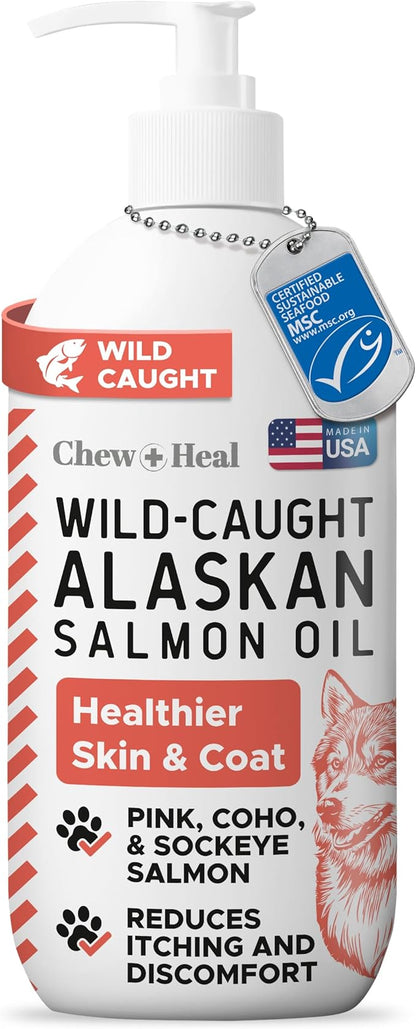 Wild Alaskan Salmon Oil for Dogs 8oz MSC Certified - Omega 3 EPA DHA for Skin & Coat, Itchy Skin & Allergies, Joint Support - Liquid w/Pump - Sockeye Salmon - Chew + Heal Labs