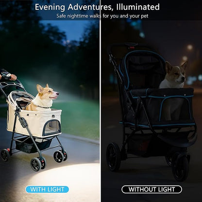 Pet Stroller Light, Solar Powered LED Light for Dog Stroller, Cat Stroller, Wagon – 3 Modes (S/H/F) with Safety Horn, USB Rechargeable, IPX4 Waterproof, Wrap & Hook Strap for Easy Attachment
