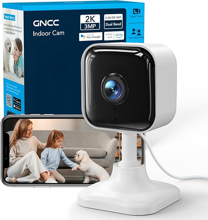 GNCC 2K Indoor Security Camera for Home, Pet Camera with Dual-Band WiFi, Mini Dog Cam with Phone App, Motion Detection, Works w/Alexa, Cloud Subscription Required, Fixed View, Plug-in, GC4