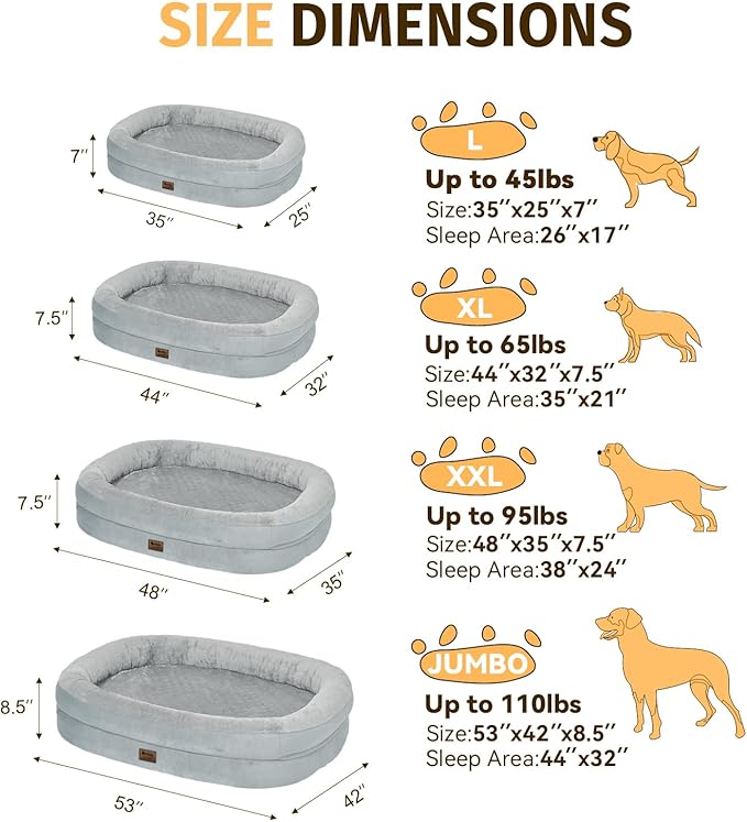 Orthopedic Dog Bed for Extra Large Dogs, XL Waterproof Dog Bed with Bolsters, Supportive Egg Crate Foam Pet Couch Bed with Removable Washable Cover & Non-Slip Bottom, Silver