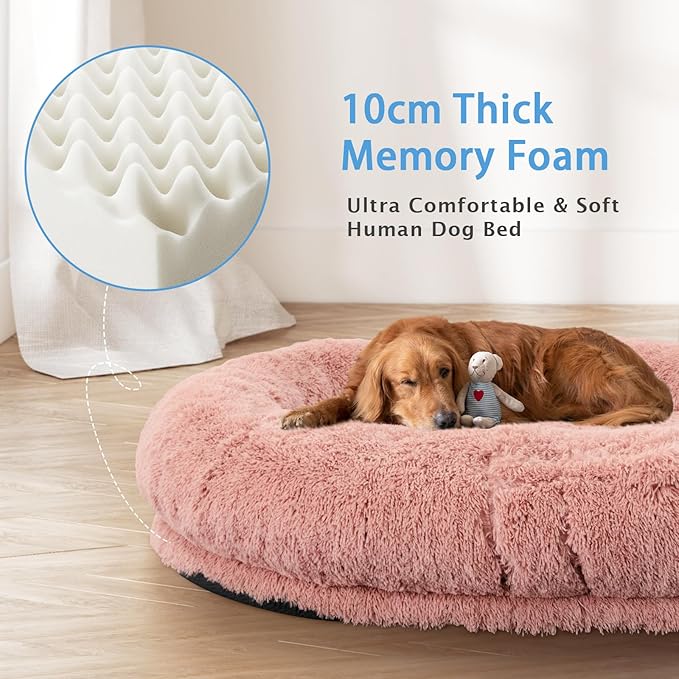 Human Dog Bed, 71''x45''x12'' Size Fits People and Pet 10 CM Thick Memory Foam Washable Adult Large Bed Giant Oversize Foldable Dog Bed with Plump Pillow, Blanket, Strap - Pink
