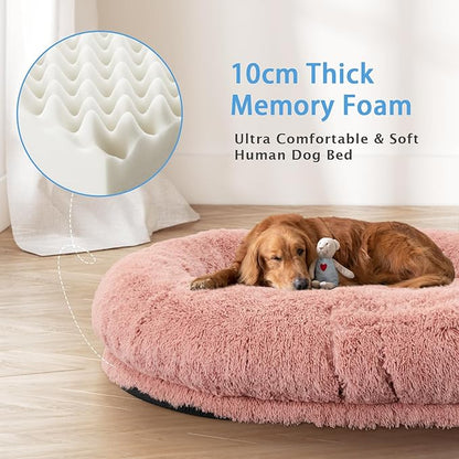 Human Dog Bed, 71''x45''x12'' Size Fits People and Pet 10 CM Thick Memory Foam Washable Adult Large Bed Giant Oversize Foldable Dog Bed with Plump Pillow, Blanket, Strap - Pink