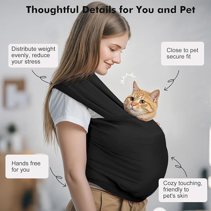 Pawaboo Pet Sling Carrier for Small Dogs and Cats, Hands Free Dog Carrier Sling, Anti-Anxious Soft Cotton Front Facing Cat Carriers Papoose, Puppy Kitten Pouch Reduce Back Neck Pain, Black