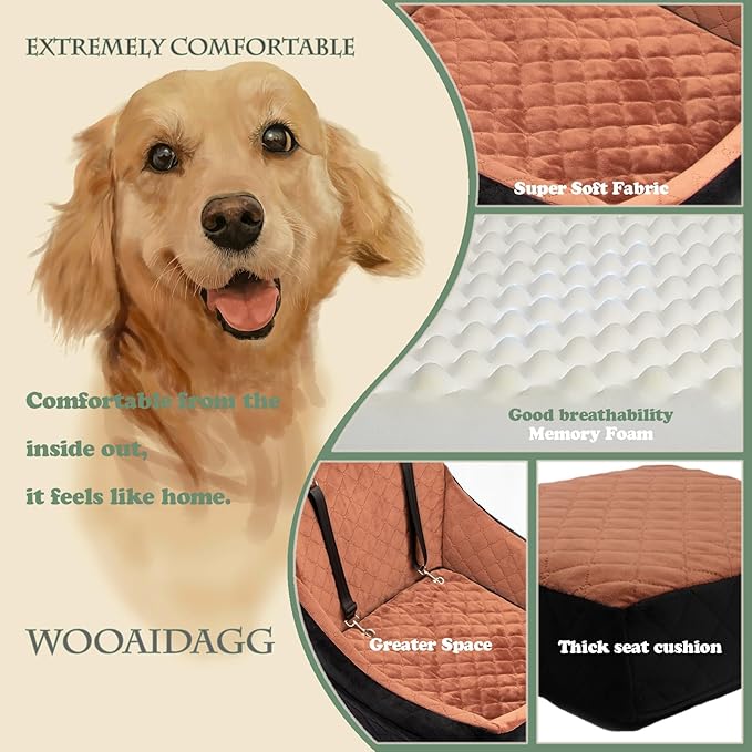 WOOAIDAGG Dog Car Seat for Medium Sized Dog,Pet Travel Car Bed with Seat Belt Channle,Fully Detachable and Washable Car Dog Seat with Adjustable Straps,3 Straps Easy to Install (Black/Brown)
