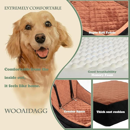 WOOAIDAGG Dog Car Seat for Medium Sized Dog,Pet Travel Car Bed with Seat Belt Channle,Fully Detachable and Washable Car Dog Seat with Adjustable Straps,3 Straps Easy to Install (Black/Brown)