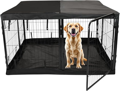Dog Playpen w/Square Bottom Pad & Top Cover - 32 inch, 8 Panel Portable Black Metal Pet Play Pen for Small and Medium Dogs - Indoor/Outdoor Kennel Cage for Home, Yard, RV, or Camping