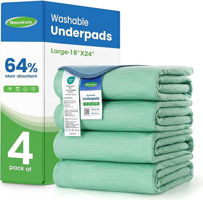 Noovirum® Reusable Incontinence Bed Pads, Washable Waterproof Underpads - Heavy Absorbent Pee Pads for Adults, Elderly, Kids, Dog & Pet Training - Mattress & Furniture (Green, 4 Pack - 18x24)