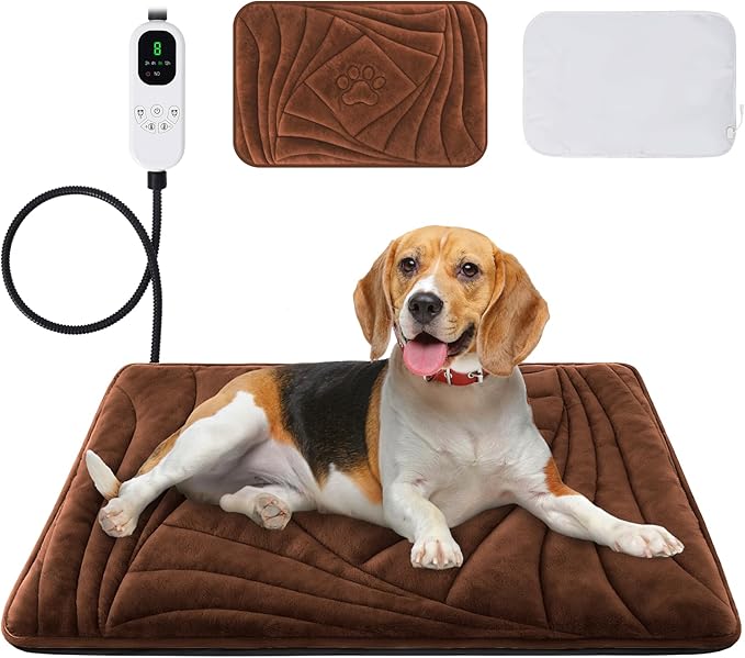 Dog Heating Pad with Washable Cover, Soft Plush Pet Heating Pad with 9 Adjustable Temperature, Timer, Chew-Resistant Cord, Waterproof Electric Heated Pet Bed Mat for Dogs and Cats Indoor