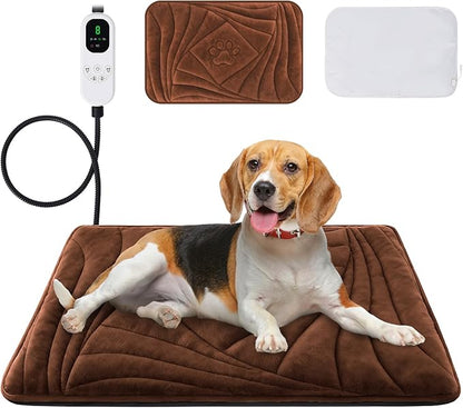 Dog Heating Pad with Washable Cover, Soft Plush Pet Heating Pad with 9 Adjustable Temperature, Timer, Chew-Resistant Cord, Waterproof Electric Heated Pet Bed Mat for Dogs and Cats Indoor