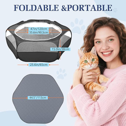 2-in-1 Small Animals Playpen with Pad, Waterproof Small Pet Cage Tent with Reusable Pad, Portable Outdoor Yard Fence with 3 Metal Rod for Chick/Kitten/Puppy/Guinea Pig/Rabbits/Chinchillas, Black+Gray