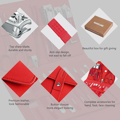 Manicure Set Professional Nail Clippers Pedicure Kit, 16 pcs Stainless Steel Nail Care Tools Grooming Kit with Luxurious Travel Leather Case for Thick Nails Men Women Gift (Red)
