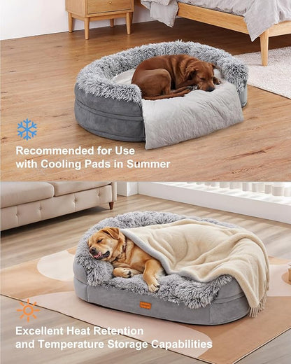 iweepet 3.7 inch Thickened Orthopedic Dog Beds for Jumbo Dogs, Curved Bolster Support Dog Couch with Removable & Washable Fluffy Cover, Orthopedic Oval Memory Foam, Non Slip Bottom,Grey