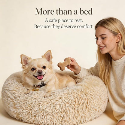Calming Donut Dogs Beds for Small Dogs Washable,19inch Fluffy Round Puppy Bed for Puppies,Cats & Toy Breeds with Raised Rim,Fits up to 15 lbs Pets,Beige