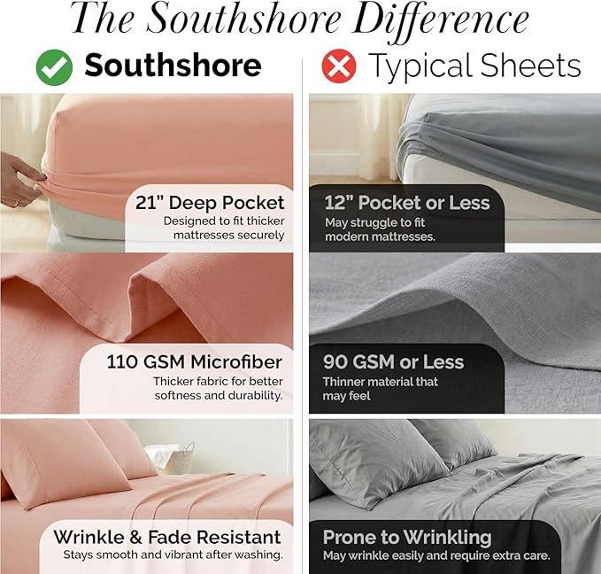 Southshore Fine Living, Inc. 21-Inch Deep Pocket King Sheet Set, 6 Piece King Size Sheets Set, Full Elastic Fitted Sheet, Oversized Flat, 4 Pink Pillow Cases, Blush Pink Sheets, Blush
