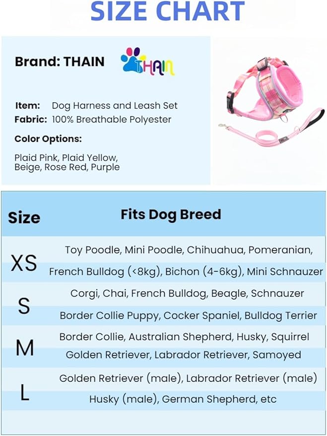 THAIN Reflective Dog Harness & Leash Set – No-Pull Design, Adjustable & Comfortable for Large Dogs (L, Pink Plaid)