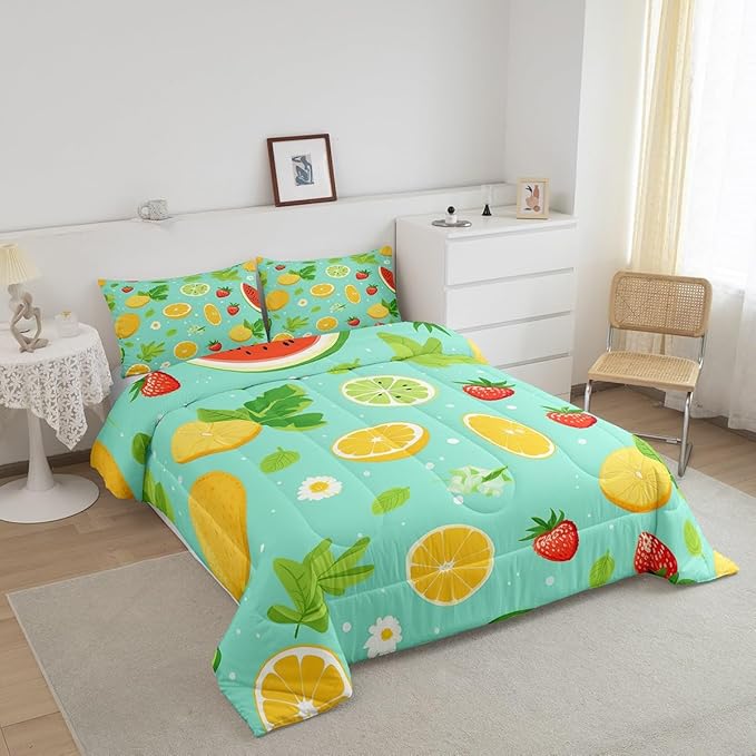 Erosebridal Tropical Fruit Full Comforter Set Strawberry Lemon Bedding Set Summer Holiday Duvet Insert White Daisy Flower Leaves Bed Set,Children Blue Breathable Soft Home Décorative 3 Piece
