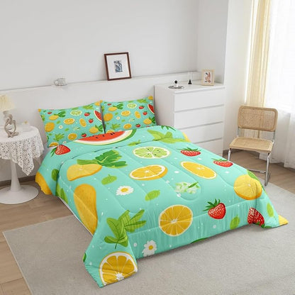 Erosebridal Tropical Fruit Twin Comforter Set Strawberry Lemon Bedding Set Summer Holiday Duvet Insert White Daisy Flower Leaves Bed Set,Children Blue Breathable Soft Home Décorative 2 Piece