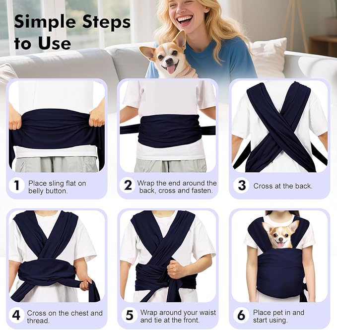 Pawaboo Pet Sling Carrier, Hands Free Dog Carrier Sling for Small Dogs and Cats, Puppy Kitten Pouch Soft Cotton Front Facing Cat Carriers Papoose, Reduce Back Neck Pain, Navy Blue