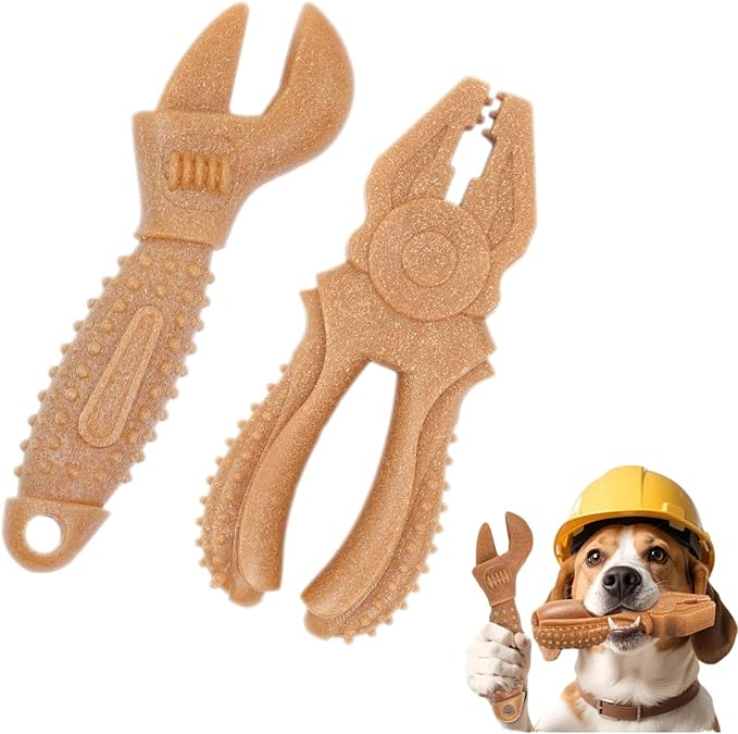 Dog Chew Toys, Aggressive chewer toy for Medium& Large dogs, Made of real pine wood and durable Food-Grade nylon, with Tool Shape Design for Dental Cleaning and Long-Lasting Chewing (brown-2 pieces)