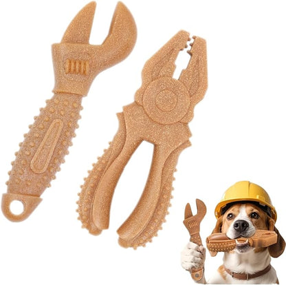 Dog Chew Toys for Aggressive Chewers, Medium & Large Dogs, Made of Real Pine Wood and Durable Food-Grade Nylon, with Tool Shape Design for Dental Cleaning and Long-Lasting Chewing Fun (Brown-Wrench)