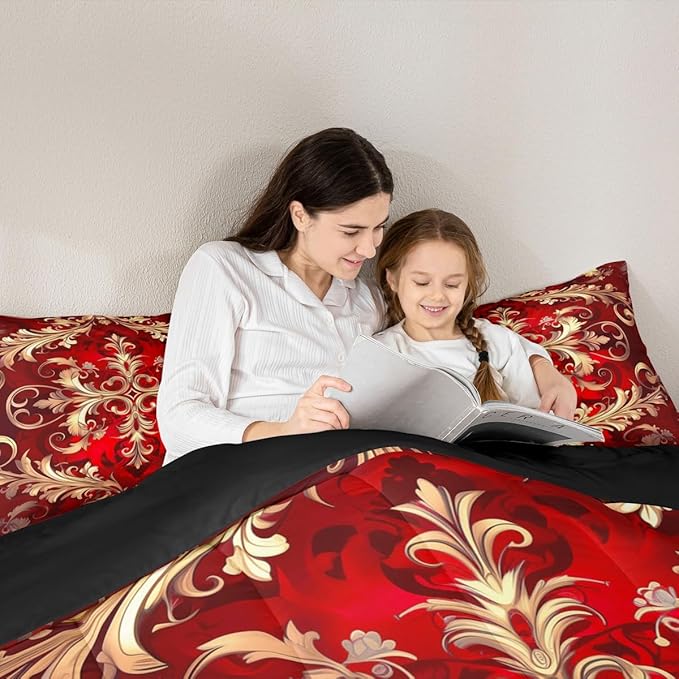 Erosebridal (Just Print Red Damask Print Queen Size Comforter Set, Bohemian Vintage Floral Paisley Soft Bed Set for Kids Boys Girls, Tribal Hippie Exotic Quilt Set,Victorian Baroque Bed Sets