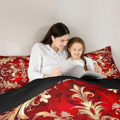 Erosebridal (Just Print Red Damask Print Queen Size Comforter Set, Bohemian Vintage Floral Paisley Soft Bed Set for Kids Boys Girls, Tribal Hippie Exotic Quilt Set,Victorian Baroque Bed Sets