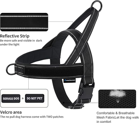 Annchwool No Pull Dog Harness,Heavy Duty Reflective Collar & Leash Set-Leash with Double Handle & Car Seatbelt Clip-Easy Control for Walking Training Medium Large Size Dogs(Black,M)