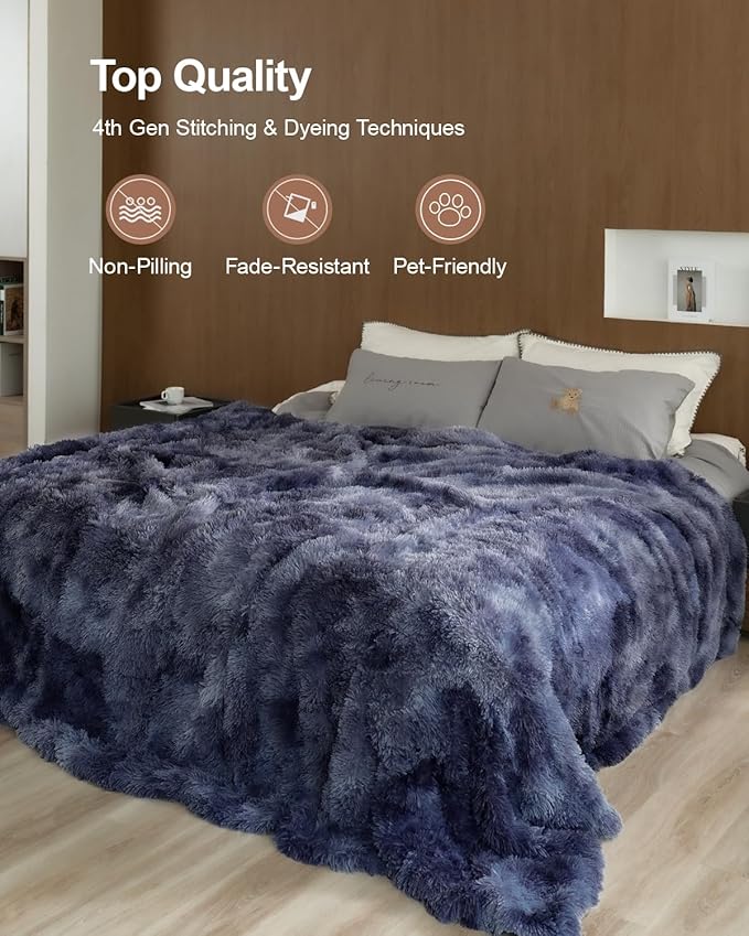 Pawque King Size Blanket - Faux Fur Sherpa Fleece Super Soft Fluffy Throw Blankets, Luxury Oversized Blankets Gift for Women Sofa Couch Bed, Breathable & Washable, Tie-Dye Blue 90x108 inches